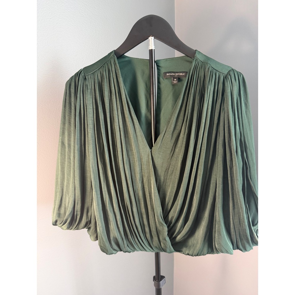 Banana Republic Blouse Womens Medium Green Pleated Puff Sleeve Wrap V-Neck Boho